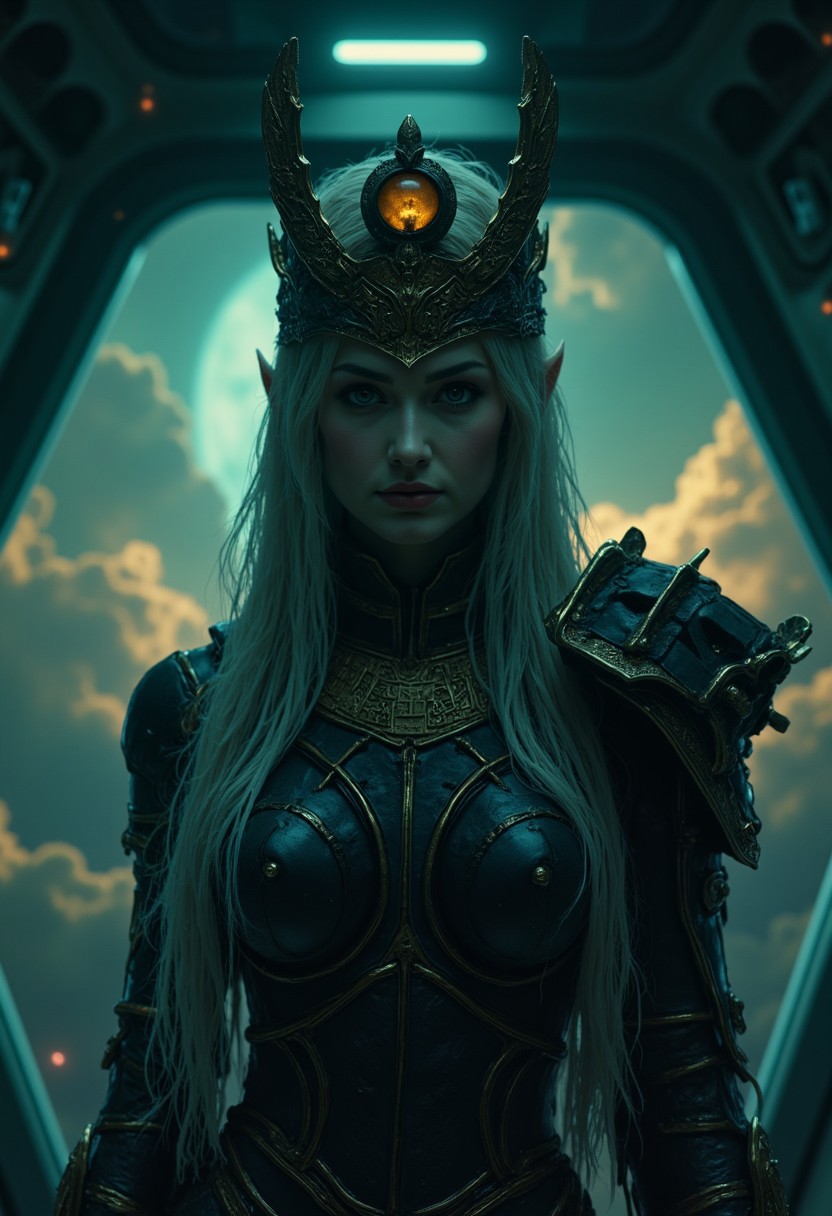ethdysty.A high-resolution cinematic close-up of a war goddess standing in the dim command deck of a dying warship. The vast windows behind her reveal the endless void of space, where desaturated nebulae drift like forgotten echoes. Flickering emergency lights cast jagged shadows over the battle-scarred metal, the air thick with the silent hum of failing systems.
Her face is hauntingly flawless—porcelain-pale, framed by long strands of snow-white hair that fall in loose, windless strands around her high-collared, battle-worn armor. Her cold, merciless eyes hold no glow, only the quiet weight of countless conquests. A towering helm, seamlessly fused into her dark plating, frames her regal features, its edges adorned with intricate, worn engravings.
Atop her head, a futuristic Egyptian-inspired crown rises, dark metal carved with cryptic glyphs. A translucent amber gemstone at its center lies fractured, its glow weak and fading, as if even divinity is succumbing to entropy.
The silence is suffocating. Beyond the glass, the wreckage of shattered fleets drifts endlessly—a graveyard of fallen empires. She does not look upon them with sorrow, nor triumph. Only the still, unshaken gaze of a goddess who has ruled for too long.