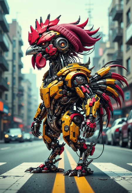 A digital artwork in the style of cknc, a full body portrait shot of an anthropomorphic biomechanical chicken, wearing a knitted beanie crossing the road <lora:lora:1> <lora:dvr-transformers-flux:1>
