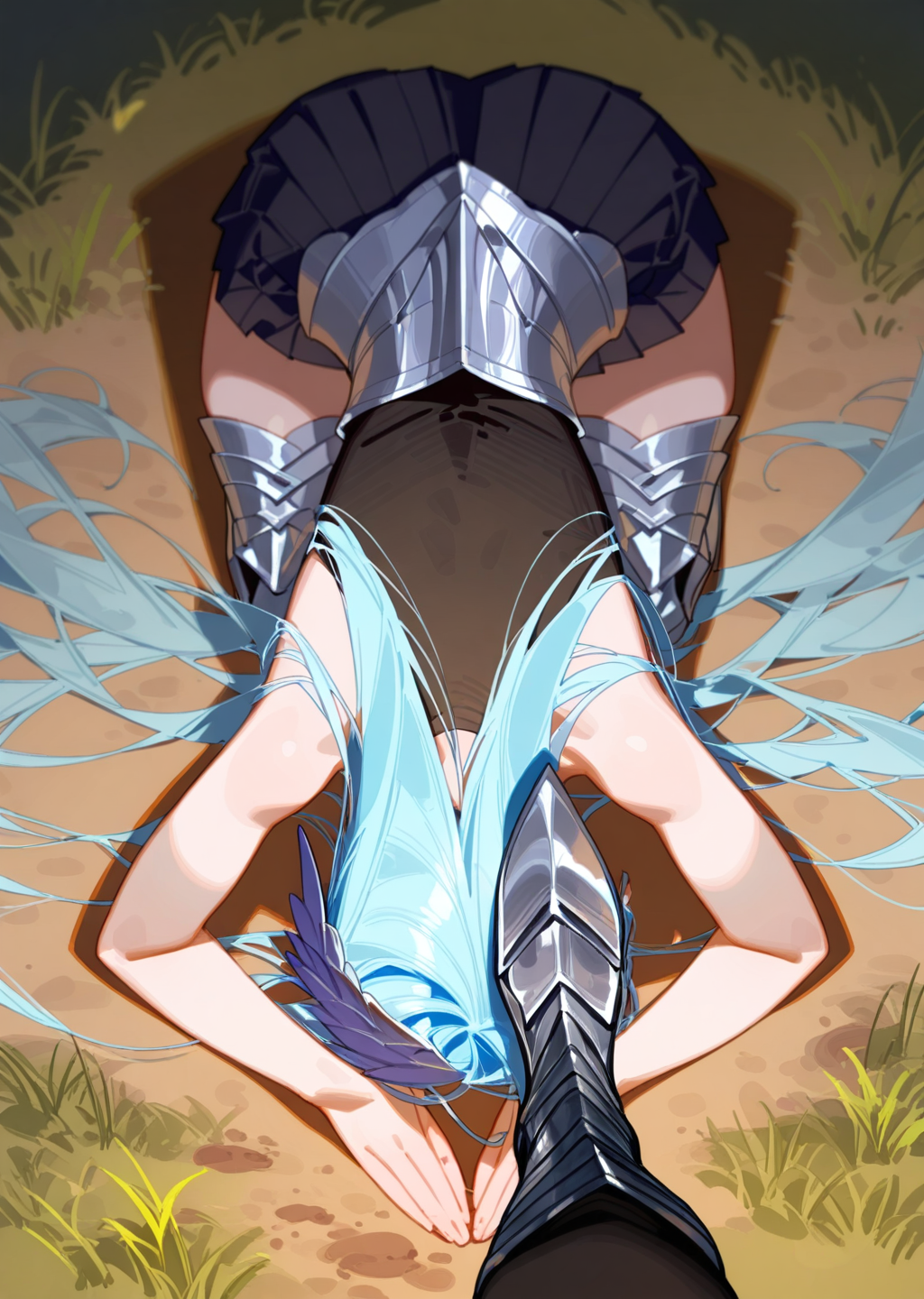 masterpiece, best quality, extreme aesthetic, 1girl, solo, from above, (pov:1.1), pov leg, straight-on, sabaton stepped on head, disembodied leg, brynhildr \(fate\), fate/grand order, (face down, hidden face:1.3), very long hair, hair spread out, bare arms, armored corset, black shirt, pleated skirt, dogeza, armored thigh boots, sleeveless, closed eyes, closed mouth, outdoors, grass, dirt, depth of field, <lora:stephead-ilxl:0.9>, artist:rhasta, artist:ciloranko