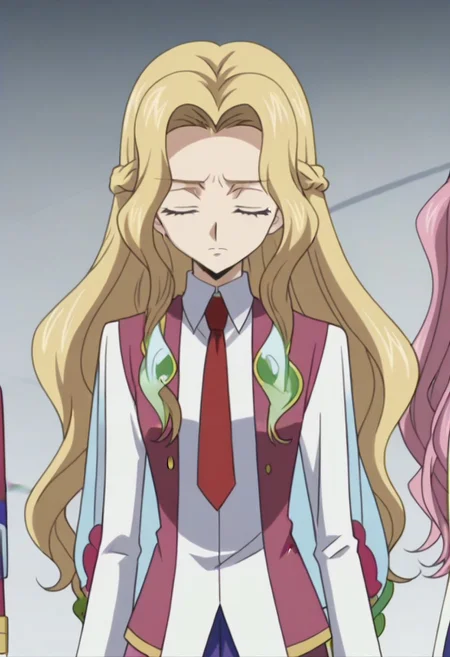 anime screencap, masterpiece, best quality, Code Geass anime art style, <lora:Nunnally_Lamperouge:1>Nunnally Lamperouge, 1girl, ashford academy school uniform, long hair, necktie, school uniform, closed eyes,
