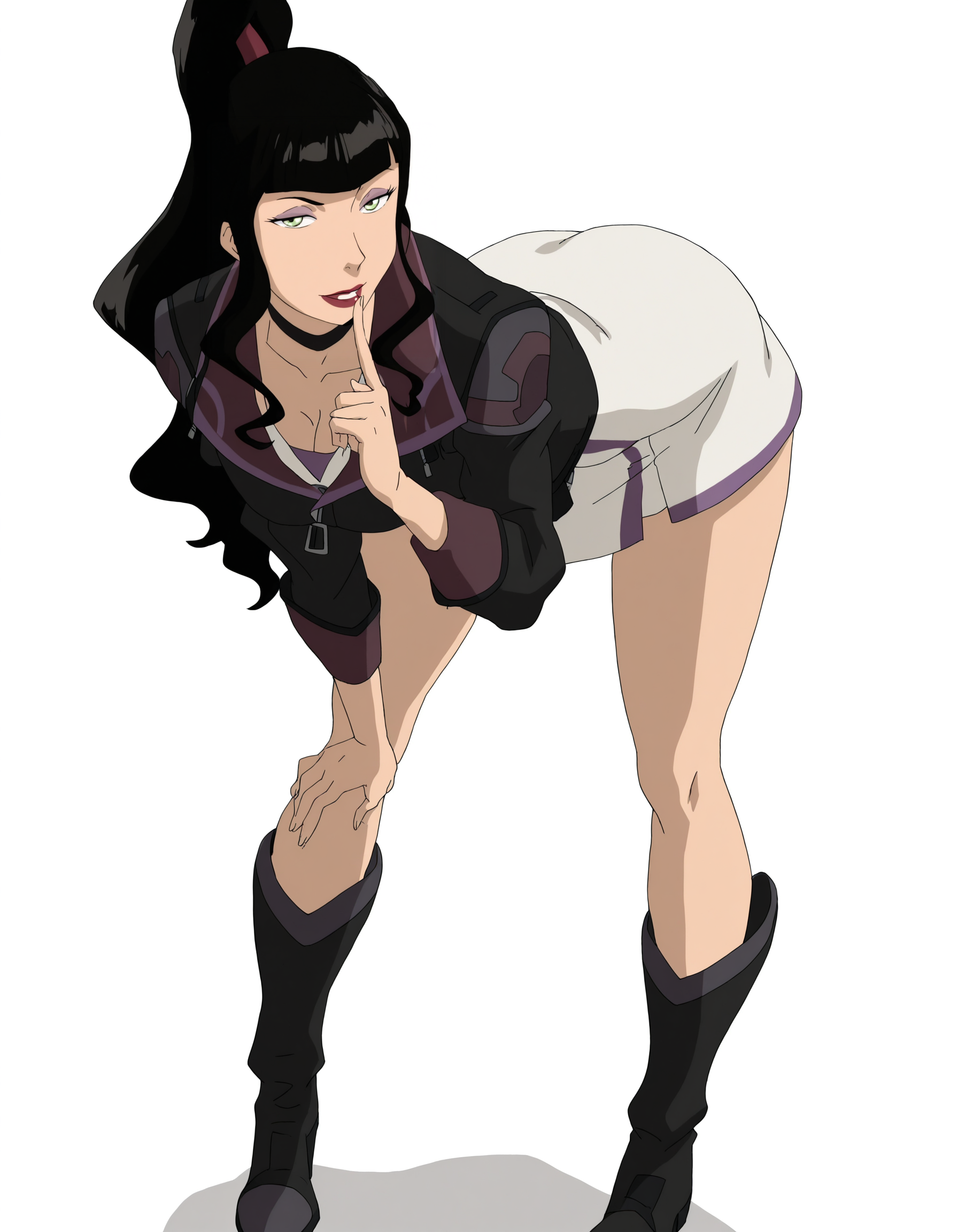 solo, full body, perfect composition, shadows, shading, <lora:anime_screencap-Illustrious:0.5> anime screencap, anime coloring, very aesthetic, absurdres, zPDXL, <lora:Pony_DetailV2.0:0.5> <lora:illustrious_quality_modifiers_masterpieces_v1:1>
<lora:A_fix:1> asami, 1girl, makeup, lipstick, (blunt bangs), sidelocks, tied hair, high ponytail, black choker, female focus, looking at viewer, seductive, smile, (finger on lip), bent knees, leaning forward,
(leather jacket:1.2), zipper, cropped jacket, cleavage, breasts, white dress, purple trim, (short dress:1.2), bare thighs, black boots,
white background, simple background,