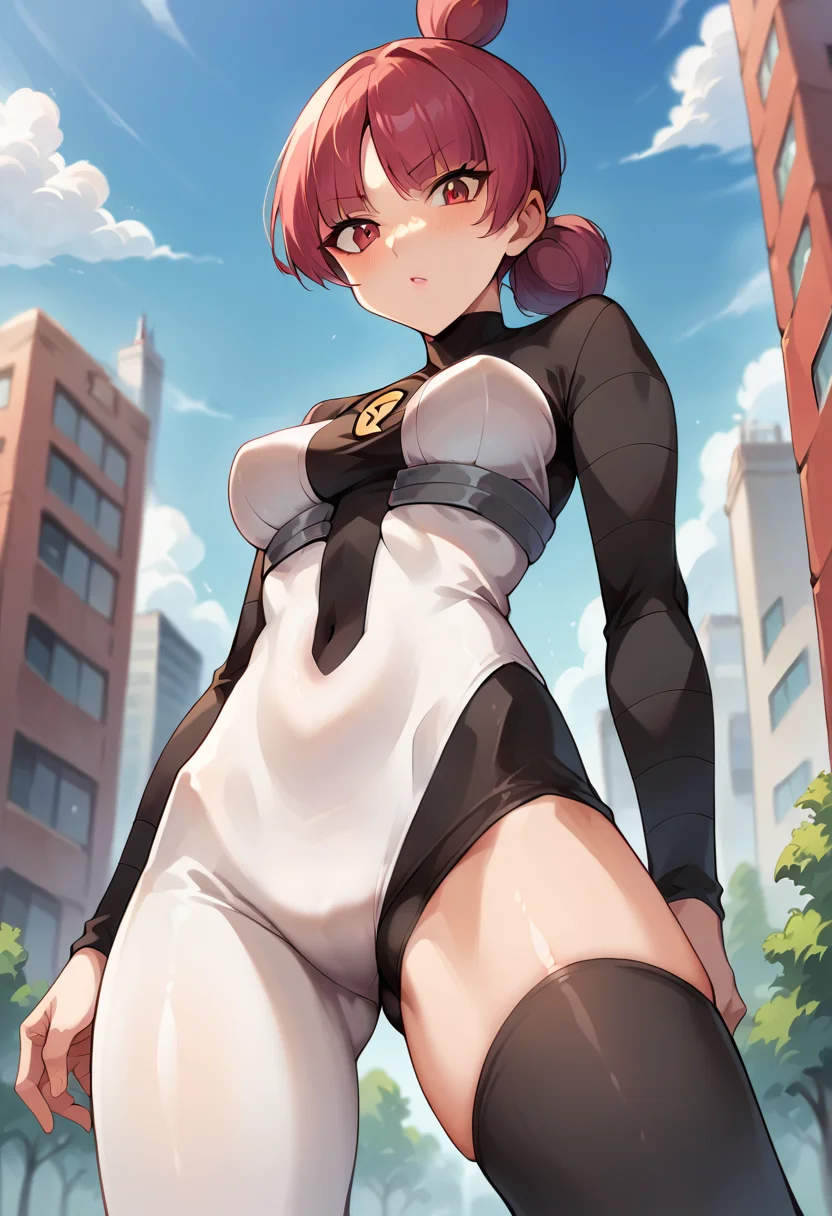 score_9, score_8_up, score_7_up, source_anime, masterpiece, 1girl, ct_jup1t3r, red eyes, bodysuit, asymmetrical legwear, logo, underbust, from below, looking at viewer, outdoors, city, depth of field, <lora:Jupiter_pokemon_ct:1>