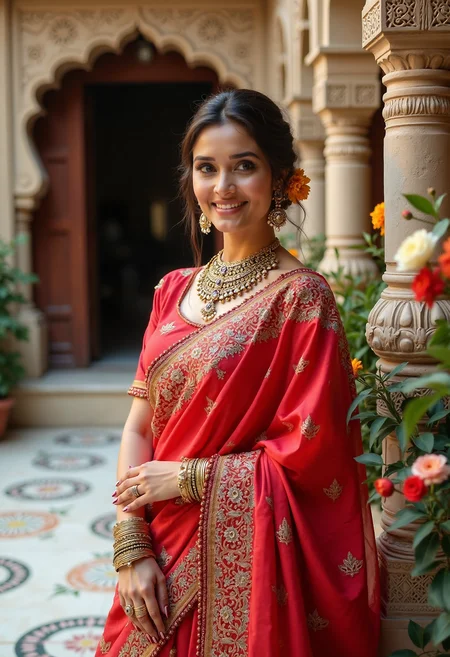 The professional portrait captures the essence of Indian culture and elegance, featuring an Indian woman dressed in a stunning Angrakha, a traditional Indian attire. The Angrakha is a robe-like garment, typically worn in the northern parts of India, characterized by its asymmetrical style and overlapping panels. The Angrakha in this portrait is a vibrant shade of red, symbolizing love, passion, and power, making the subject stand out against the lush background.
The Angrakha is adorned with intricate traditional embroidery in gold and silver threads, showcasing the craftsmanship and attention to detail that goes into creating such a masterpiece. The embroidery features floral motifs, geometric patterns, and elaborate borders, adding a touch of royalty and grandeur to the attire. The panels of the Angrakha are carefully draped over the subject's shoulder, revealing a glimpse of her matching red blouse underneath, enhancing the overall visual appeal of the portrait.
The subject of the portrait is a woman who embodies grace and elegance, wearing golden jewelry that complements her attire. A statement neckpiece adorned with precious stones and intricate carvings graces her neck, drawing attention to her delicate collarbones. Golden bangles, earrings, and rings complete her jewelry ensemble, adding a touch of opulence and sophistication. Her hair is tied in a neat bun, adorned with fresh flowers, adding a touch of freshness and femininity to the portrait.
The woman is standing in a beautifully decorated Indian courtyard, showcasing the exquisite handicrafts that are an integral part of Indian culture. The courtyard features a marble floor with floral patterns, adding a touch of elegance and sophistication to the setting. A beautifully carved stone pillar stands beside the subject, adding a sense of grandeur and majesty to the portrait.
The background of the portrait features blooming flowers and ancient architecture, adding a touch of natural beauty and cultural significance to the setting. The flowers include marigolds, roses, and jasmine, symbolizing joy, love, and purity, respectively. The ancient architecture in the background features intricate carvings and sculptures, showcasing the rich history and heritage of Indian culture.
The portrait is a high-quality one, capturing the subject in stunning detail, making it perfect for cultural representation and fashion projects. The use of natural light and a neutral background highlights the vibrant colors and intricate details of the subject's attire and jewelry, making her the center of attention. The woman's confident stance and radiant smile add a touch of warmth and approachability to the portrait, making it an ideal representation of Indian culture and elegance.