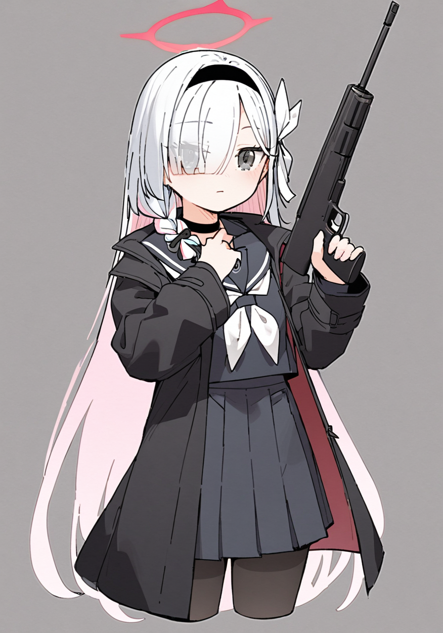 masterpiece, best quality, <lora:style21-a31-000017:1>,1girl, solo, halo, weapon, long hair, white hair, holding, gun, sailor collar, pantyhose, hairband, neckerchief, grey eyes, white neckerchief, school uniform, hair over one eye, cropped legs, serafuku, braid, black pantyhose, holding weapon, skirt, bangs, long sleeves, rifle, black serafuku, black hairband, choker, holding gun, simple background, coat, arona (blue archive), black coat, umbrella, multicolored hair, hair ribbon, grey background, black shirt, pleated skirt, open coat, very long hair, black skirt, ribbon, open clothes, shirt, black choker, two-tone background, eyes visible through hair, looking at viewer, black sailor collar, pink hair, closed mouth, white bow, single braid