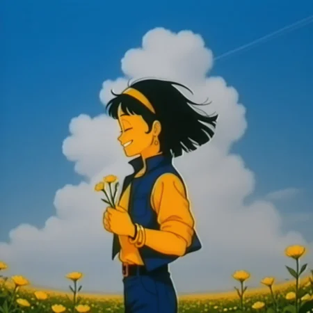 Eun, 1girl, alone, short black hair, yellowish skin, yellow shirt and headband, dark blue vest and pants, belt, bracelets, earrings,
Half body, from the side, smiling with her eyes closed, holding some flowers in her hands, in the background a beautiful field of flowers, blue sky, clouds, in the distance some mountains, breeze and wind, hair moving with the wind