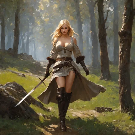 masterpiece, best quality, greg rutkowski,
female girl, breasts, sword, blonde hair, tree, nature, cleavage, long hair, gloves, forest, outdoors, sign, boots, solo, gloves, belt, grass, walking, medium breasts,brown gloves, scenery, umbrella, day, standing, leather, brown footwear, pointy ears, leather boots
, very detailed, high resolution, sharp, sharp image, 4k, 8k,