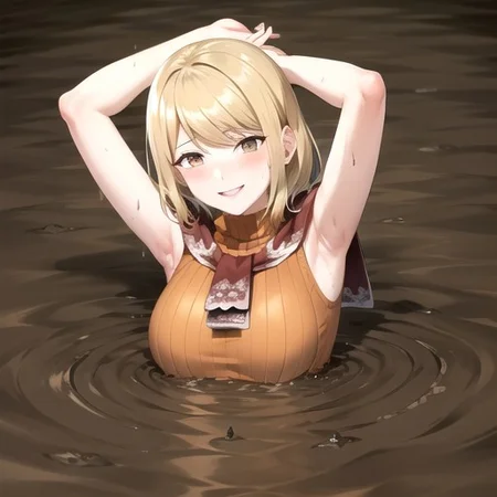 ashley graham, brown eyes, bangs, red scarf, (orange sweater:1.2), sleeveless turtleneck, , partially submerged, in mud, flooding up to the chest, upper body, (village:1.5), (mud:1.5), (pov:1.5), (raised eyebrows:1.2), :o, blush, (sinking:1.1), (seductive smile:1.5), , (arms behind head:1.5),