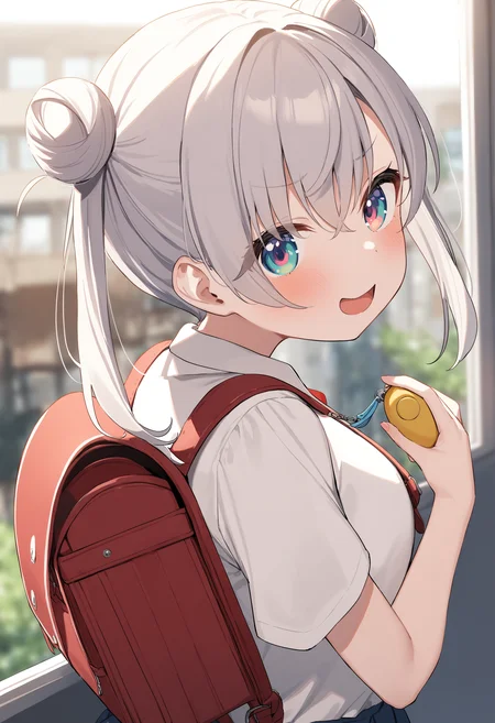 1girl,sincos, ningen mame, toosaka asagi,solo,medium breasts,school uniform,
crime prevention buzzer, holding, looking at viewer, hands up, randoseru, backpack,<lora:crimepreventionbuzzer_XL_v1:0.8>
from behind, upper body, looking up, silver hair, brown eyes,smug, by classroom window, open mouth, twin drills hair,,
best quality, very aesthetic, absurdres,