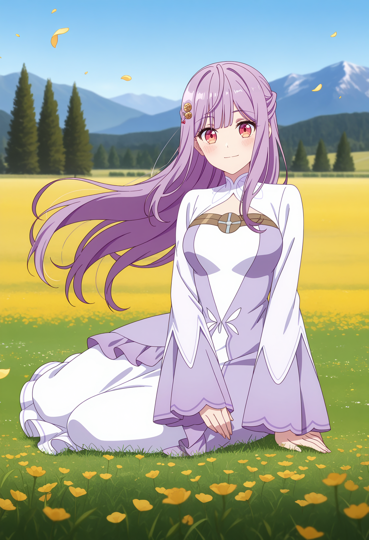 anime screencap, masterpiece, best quality,
<lora:Kanpekiseijo_MiaAdenauer_IlluXL:0.9>,
1girl, solo, closed mouth, light smile, blush,
blunt bangs, half updo, long hair, purple hair, multicolored eyes, hairclip,
frilled dress, multicolored dress, white dress, purple dress, clothing cutout, long sleeves, wide sleeves,
yokozuwari, looking at viewer, floating hair, petals,
outdoors, scenery, tree, mountainous horizon, grass, flower field, blue sky, photo background, blurry background