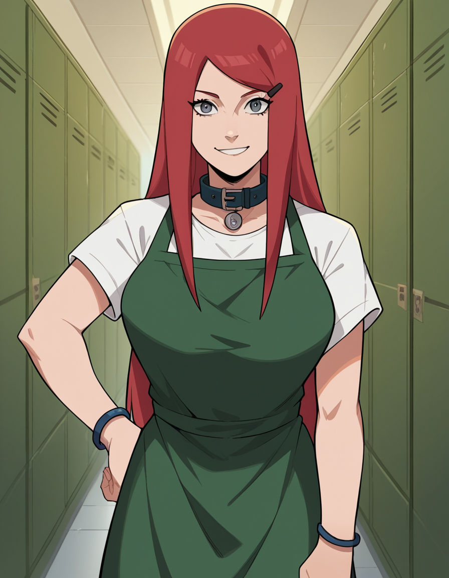 score_9, score_8_up, score_7_up, source_anime, <lora:kushina-uzumaki-shippuden-anime-ponyxl-lora-nochekaiser_r1:1>, kushina, long hair, hair ornament, red hair, hairclip, grey eyes, swept bangs, large breasts,, shirt, dress, jewelry, white shirt, short sleeves, apron, bracelet, green apron, collar,, school hallway, lockers, between classes, everyday life, smile, looking at viewer, hand on hip, solo,, cowboy shot, dutch angle