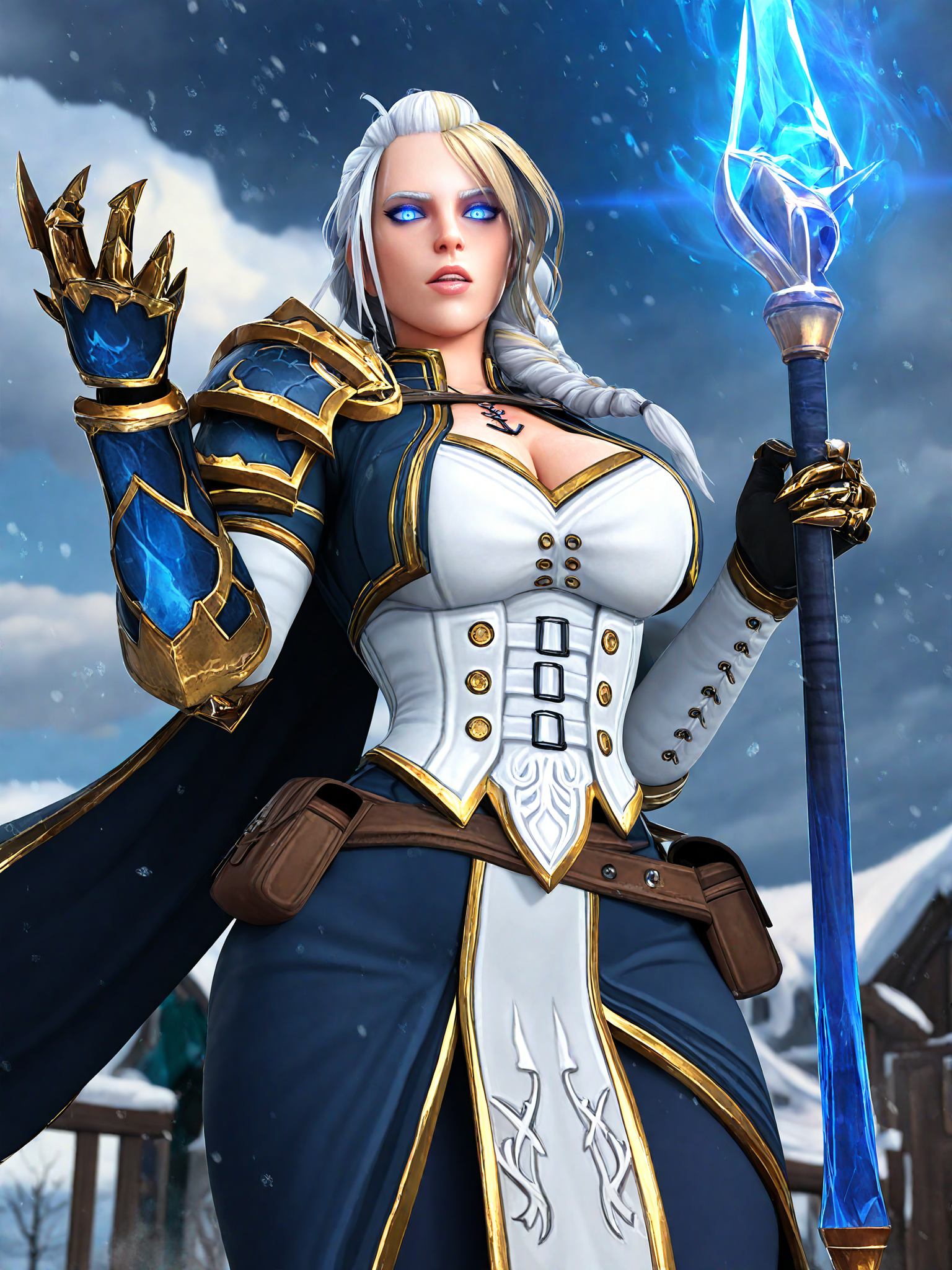 masterpiece, best quality, very awa, highres, absurdres, shadow, 3d, sidelighting, bloom,
1girl, jaina proudmoore mature female, solo,
holding staff, mage staff, planted, holding, casting spell, magic, cowboy shot, blizzard, ice rain, blue aura, from below, hand up,
looking at viewer, determined, glowing eyes, windy, parted lips, dark aura,
anchor necklace, white hair, blonde hair, single braid, streaked hair, blue eyes, lips, wind,
corset, single pauldron, cape, cropped jacket, detached sleeves, (single gauntlet:0.9), gloves, blue pants, long skirt, belt pouch,
curvy, large breasts, cleavage, shiny skin,
outdoors, blue skies, winter, clouds, dark skies, fantasy,
<lora:Jaina3216NoobAIXL075:1>
<lora:3DStyle NoobAIXLEpsilon075FullTagged:1>