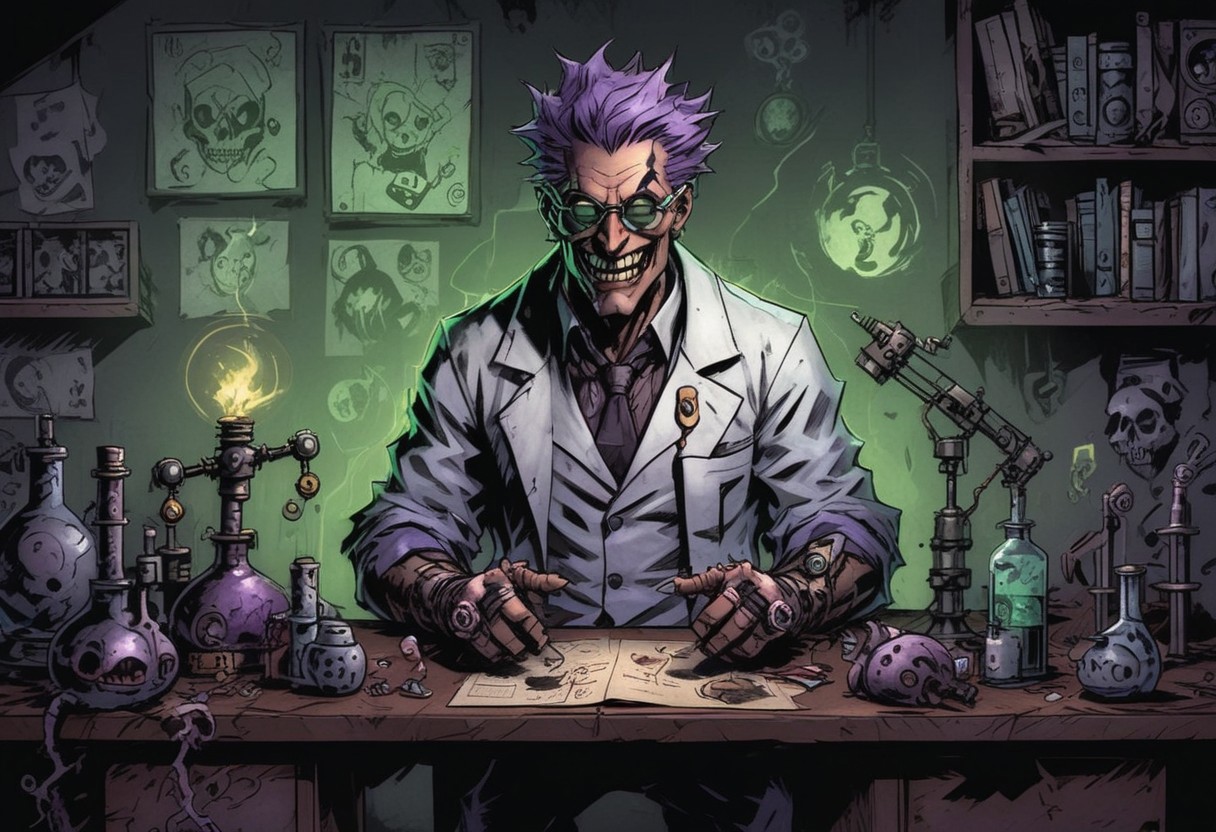 mad-mecharm, comicish artwork in dgst artstyle, Mad scientist, laboratory, (Manic laughter:1.7), crazy, Lightning, Experimenting, standing behind desk, (Purple:1.1), (green:1.1)