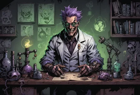 mad-mecharm, comicish artwork in dgst artstyle, Mad scientist, laboratory, (Manic laughter:1.7), crazy, Lightning, Experimenting, standing behind desk, (Purple:1.1), (green:1.1)