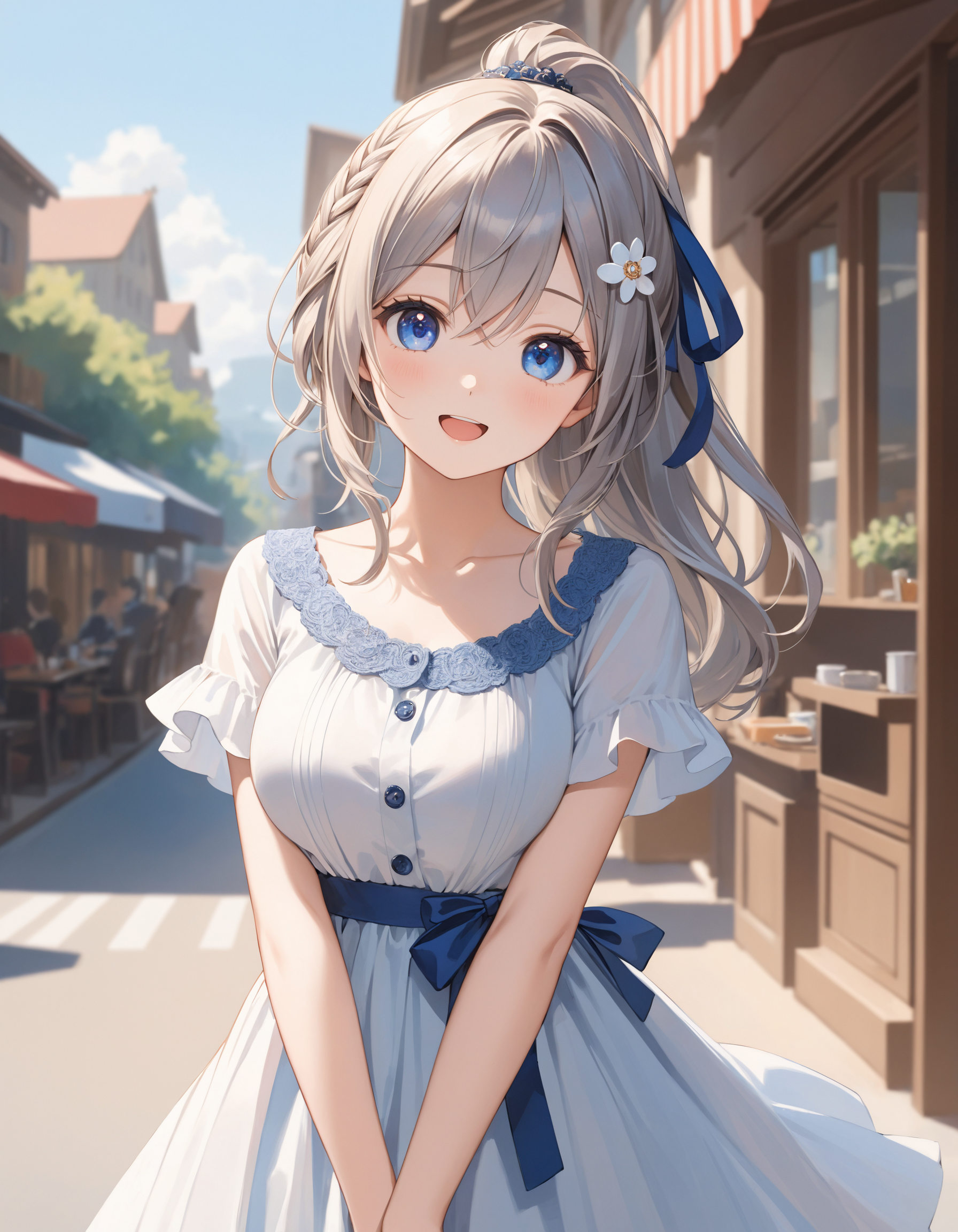 SceneDescription:
  - Composition: Portrait. Face focus. Shooting from front.
  - Subject: A cute girl.
    - Characteristics:
      - Face: (Cute round face:1.1).
      - Eyes: Detailed dark-blue eyes.
      - Hair: Long wavy high (ponytail:1.2) with big ribbon hair ornament, (gray hair), (gray inner hair), left side french braid, ahoge and hair between eyes.
      - Body: Detailed slender body. Large breasts.
      - Clothing: White ruffled dress, short sleeves and layerd skirt.
      - Expression: Amused expression. Open mouth.
      - Posing: (Arms behind back:1.2). Head tilt. Looking at viewer.
  - Background: Fashionable cafe street.
    - Elements: Blue sky view.
Time: Daytime.
Lighting: (Natural lighting:1.4).
ArtStyle: Watercolor. Traditional media.
Quality: Intricate details. Extremely detailed. Outstanding intricacies. (Masterpiece:1.2). (Best quality:1.2). (Absurdres absolutely resolution:1.4).
Mood: Serene atmosphere.