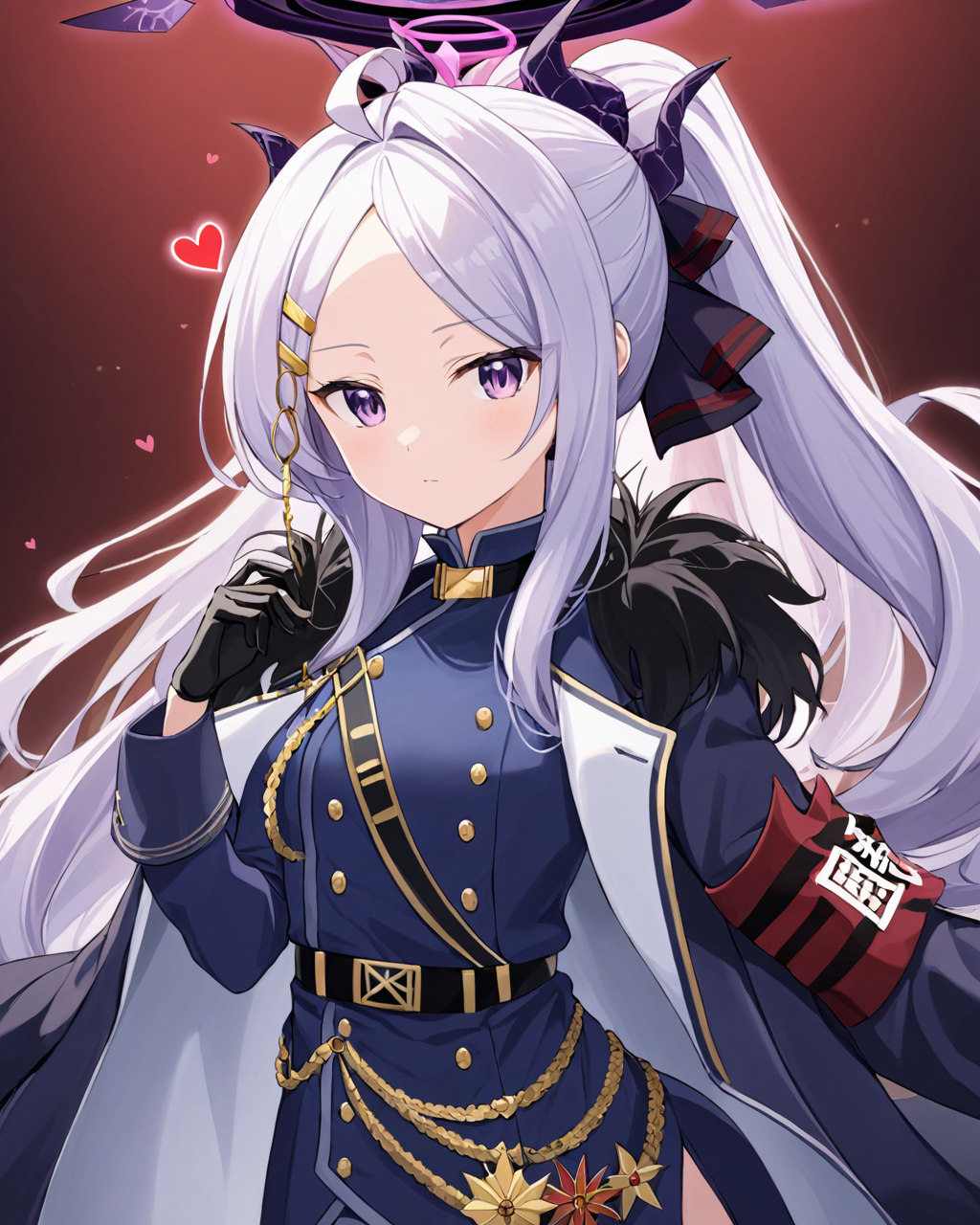 hina \(blue archive\),1girl, solo, looking_at_viewer, hairclip, long_sleeves, coat_on_shoulders, black_gloves, sidelocks, ahoge, demon_horns, demon_girl, forehead, military_uniform, military, demon_wings, fur-trimmed_coat, heart, ponytail, armband
<lora:hina_(blue_archive)_image1095_batch3_v1-000040:1>,halo,. gorgeous,key visual, vibrant, studio anime,award-winning, professional, highly detailed,high budget, cinemascope