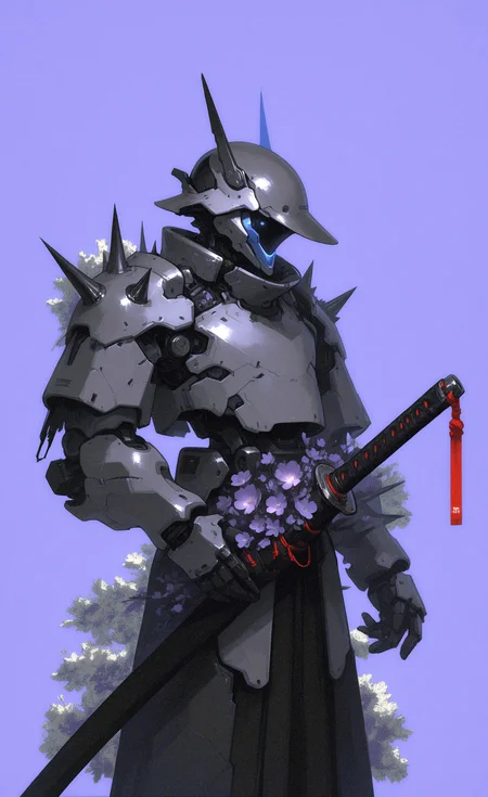 masterpiece, best quality, good quality, newest, highres, absurdres, solo, simple background, 1boy, flower, weapon, sword, armor, blue background, helmet, katana, robot, sheath, mecha, spikes, science fiction, purple background, sheathed, purple flower, shoulder spikes, mcnm,
G0zeNA_illu, abstract, surreal <lora:illustriousXL_stabilizer_v1.23:0.3> <lora:NOOB_vp1_detailer_by_volnovik_v1:0.3> <lora:ponyv6_noobE11_2_adamW-000017:0.3> <lora:G0zeNA_style:0.8> <lora:MechaKnightsIL:0.7>