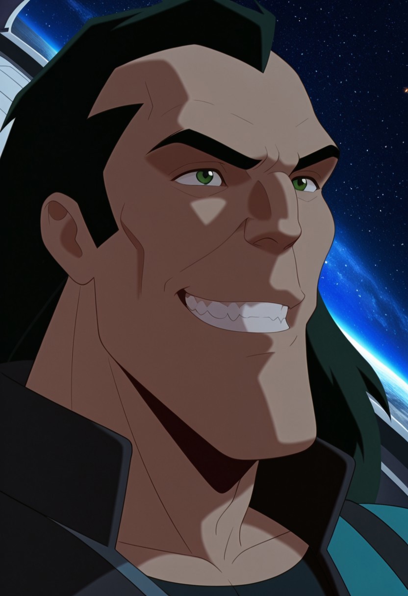 MASTERPIECE, AMAZING QUALITY, PORTRAIT, TYLER, BLACK HAIR, GREEN EYES, BODYSUIT, GRIN, SPACE SHIP