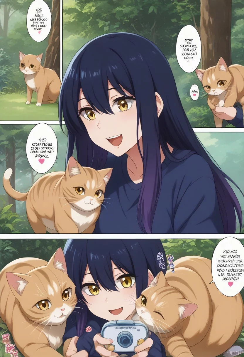 score_9, score_8_up, score_7_up, source_anime, BREAK
<lora:FComic_1to1000_Pony_V1:1>fcomic_1to1000_pony, (comic:1.25),
(Multi view, Frame, Text, speech bubble, frame, heart, trembling, focus line, vibrating line, comic expression, Sound effect)
1girl, cat, cute cat, cats, fluffy, cute, neko, kawaii, cuddling with cat, holding cat, joy, happy, animal, cute animal, woods, summer camp, trees, joy, happy,
<lora:miko-yotsuya-s1-ponyxl-lora-nochekaiser:1>, miko yotsuya, long hair, bangs, black hair, hair between eyes, yellow eyes, medium breasts, BREAK
,<lora:Everlasting_Summer_Vanilla_Backgrounds_by_GraffMetal:0.7>, <lora:Everlasting_Summer_Vanilla_Art_Style_by_GraffMetal:0.7>