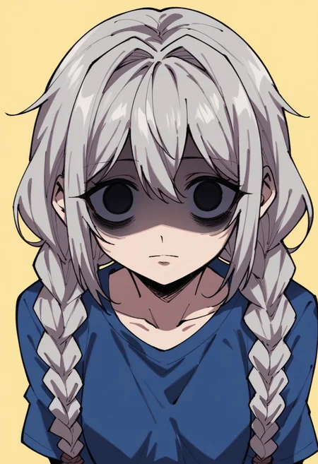 score_9, score_8_up, score_7_up, 1girl, black eyes, braid, grey hair, long hair, sidelocks, small breasts, long blue shirt, twin braids, yandere, empty eyes, shaded face, bags under eyes, solo, looking at viewer, yellow background, h4ruk4m1,
