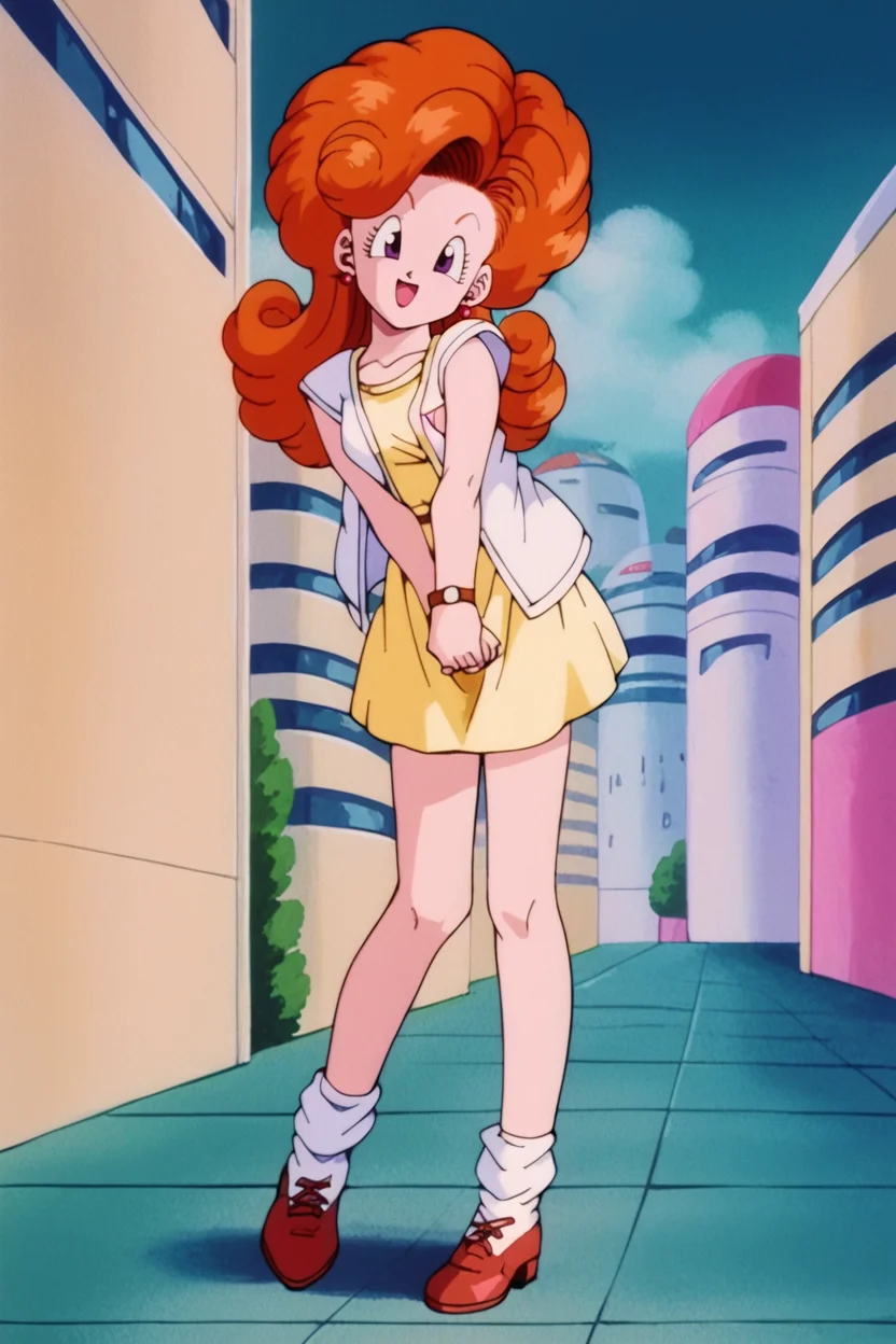 score_9, score_8_up, score_7_up,score_6_up, BREAK angela,retro artstyle, 1girl,solo,full body, brown cross-laced shoes,red pearl earrings, dbcity, curly hair,  white cardigan, long hair, open mouth, orange hair, smile, street, looking at viewer, yellow dress, pink badge, small breasts,purple eyes,short dress,v arms, head tilt,building,blue sky,sleeveless,white socks,ankle socks.wristwatch    <lora:AngelaPony:1> <lora:DBCityPony3:1>
