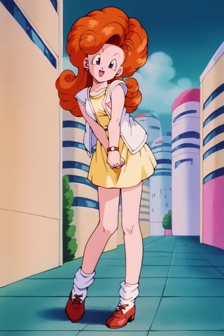 score_9, score_8_up, score_7_up,score_6_up, BREAK angela,retro artstyle, 1girl,solo,full body, brown cross-laced shoes,red pearl earrings, dbcity, curly hair, white cardigan, long hair, open mouth, orange hair, smile, street, looking at viewer, yellow dress, pink badge, small breasts,purple eyes,short dress,v arms, head tilt,building,blue sky,sleeveless,white socks,ankle socks.wristwatch <lora:AngelaPony:1> <lora:DBCityPony3:1>