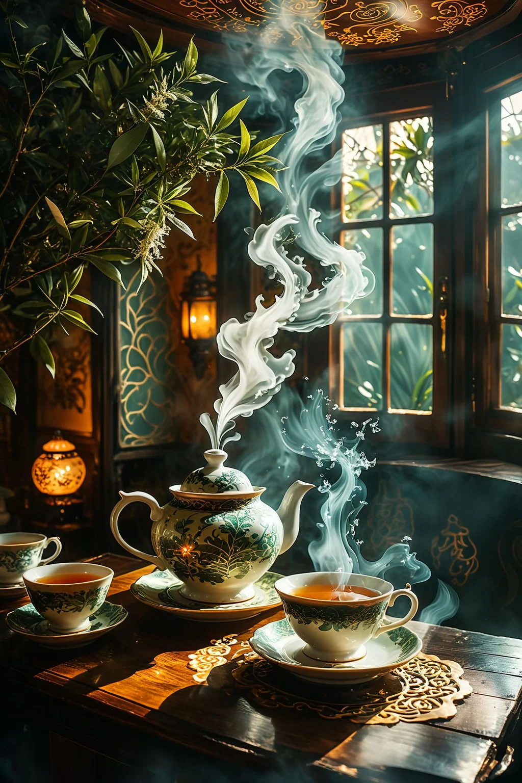 A magical tea house where the tea leaves tell fortunes and the steam forms intricate patterns revealing hidden messages. The setting is cozy with soft lighting and enchanted decor.
,<lora:aidma-Image Upgrader-v0.1:0.85>,
<lora:CBS_novuschroma37 style_b:0.8> novuschroma37 style, style of experimental photography, double exposure
<lora:MJ52:0.3>,
<lora:xl_more_art-full_v1:0.4> ,
<lora:SDXLFaeTastic2400:0.4>