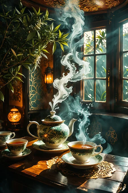 A magical tea house where the tea leaves tell fortunes and the steam forms intricate patterns revealing hidden messages. The setting is cozy with soft lighting and enchanted decor.
,<lora:aidma-Image Upgrader-v0.1:0.85>,
<lora:CBS_novuschroma37 style_b:0.8> novuschroma37 style, style of experimental photography, double exposure
<lora:MJ52:0.3>,
<lora:xl_more_art-full_v1:0.4> ,
<lora:SDXLFaeTastic2400:0.4>
