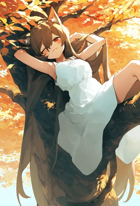 1girl,
solo, animal ears, tail, long hair, cat tail, cat ears, closed eyes, tree, brown hair, dress, outdoors, white dress, cat girl, in tree, very long hair, branch, closed mouth, lying, bangs, smile, day, :3, blush, red eyes, feet out of frame, arms up, sleeveless dress, sleeping, armpits, sleeveless, hair between eye, on back, autumn leaves, animal ear fluff, bare shoulders, breasts,
.
masterpiece, best quality, very aesthetic, absurdres
<lora:potgfornoob:0.95>