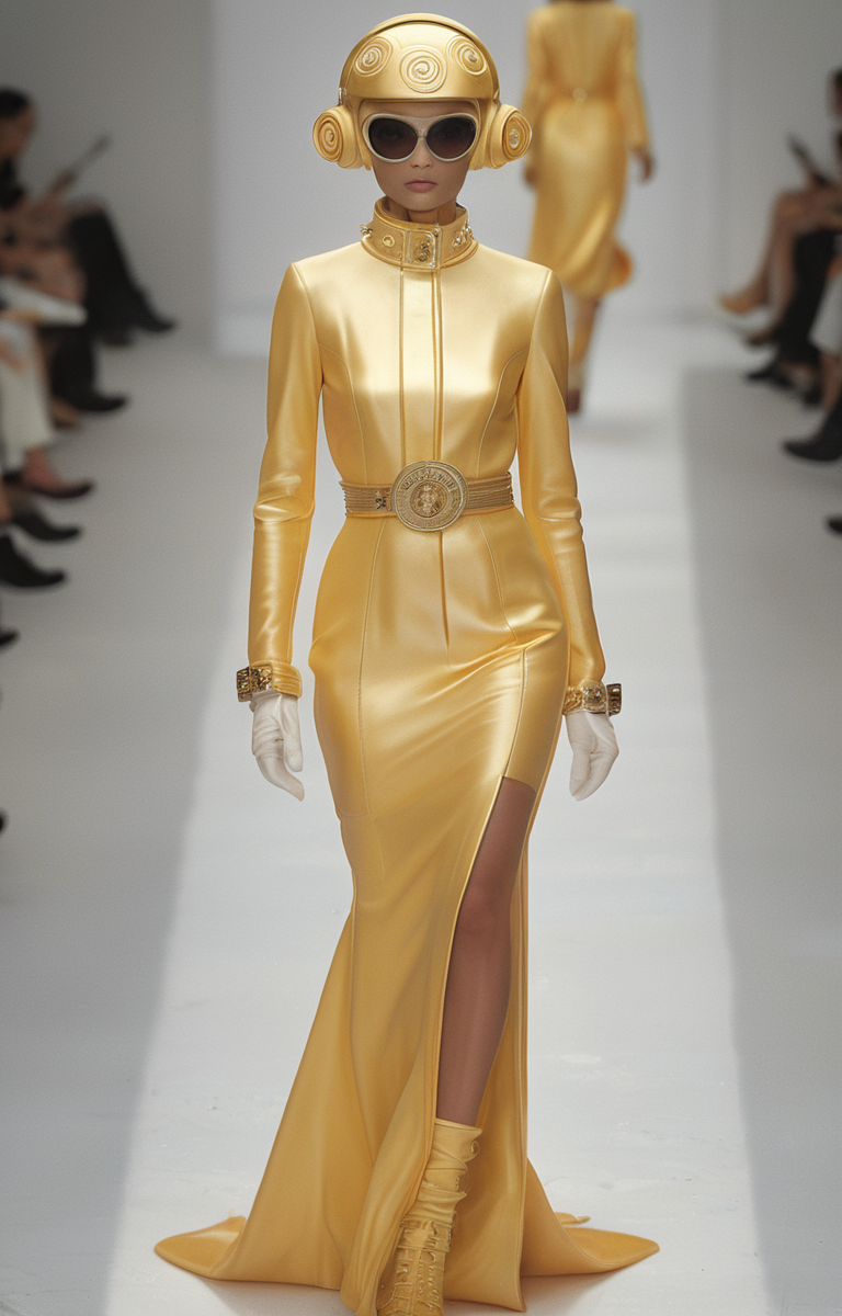 masterpiece,best quality,<lora:tbh321-sdxl:0.9>,illustration,style of Andre Courreges Elegant Versace gown with signature Medusa motif, gold accents, fashion runway, high-end couture