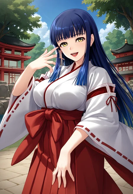 score_9,score_8_up,score_7_up,source_anime,5_figner,2d_animation,game cg,BREAK,1girl,Misato Amano,long hair,bangs,blue hair,yellow eyes,blunt bangs,smile,open mouth,
miko,hakama skirt,red hakama,japanese clothes,wide sleeves,ribbon trim,ribbon-trimmed sleeves,
large breasts,front view,
shrine,torri,tree,cloud,
masterpiece,best qualit,ultra-detailed,illustration,an extremely delicate and beautiful,beautiful detailed eyes,unity 8k wallpaper,high resolution,anime CG,official_art,