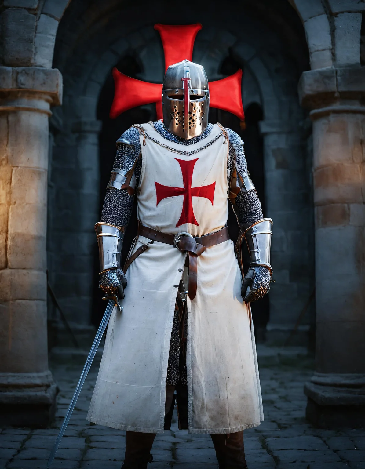 cinematic still of knight wearing white t3mpl4rtunic with a red cross, chainmail, great helm, holding a sword, metal gloves, standing in front of a stunning medieval castle, epic composition, stunning environment, dim lighting, UHD, dusk, darkness, <lora:templarclothesxl:0.9>, <lora:offset_0.2:0.4>