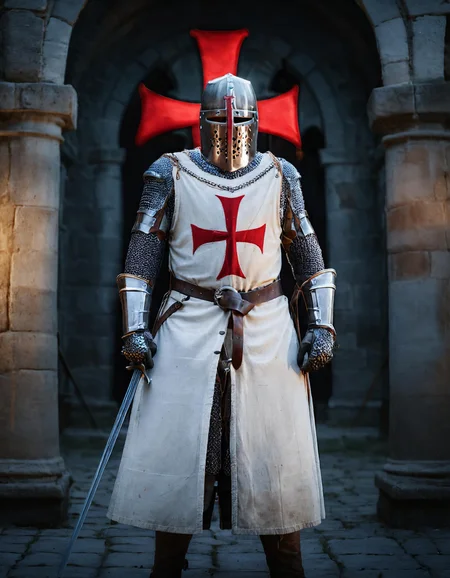 cinematic still of knight wearing white t3mpl4rtunic with a red cross, chainmail, great helm, holding a sword, metal gloves, standing in front of a stunning medieval castle, epic composition, stunning environment, dim lighting, UHD, dusk, darkness, <lora:templarclothesxl:0.9>, <lora:offset_0.2:0.4>