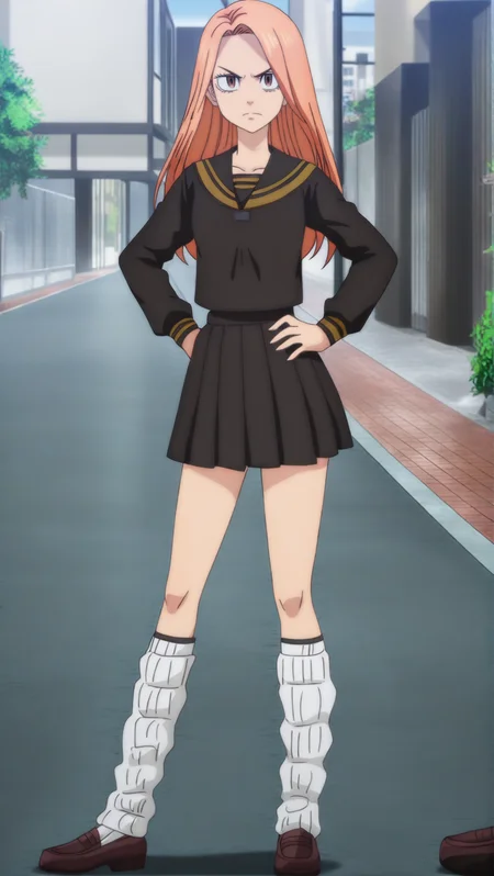 source_anime, masterpiece, best quality, amazing quality, anime screencap, high quality, 8k, absurdres, official style, japanese suburb, street, <lora:Yuzuha_Shiba_iL:1>, yuzuh4 5h1b4, brown eyes, orange hair, long hair, schoolgirl outfit, skirt, shirt, long sleeves, school uniform, pleated skirt, serafuku, socks, black skirt, black shirt, white socks, shoes, brown footwear, loafers, loose socks, standing, hand on hip, looking at viewer, angry