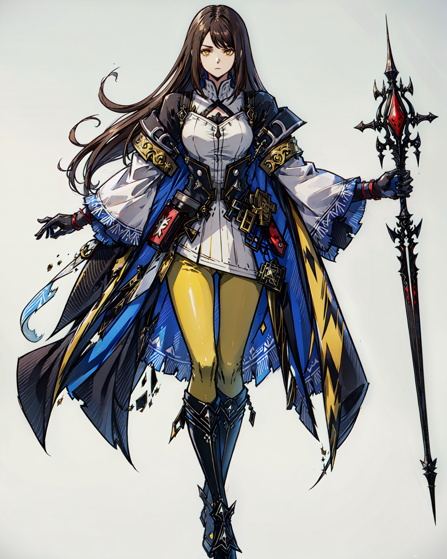 (earth mage), (yellow castlevania_clothes), (knee_boots), yellow_pants,
1girl, female, (young adult), femenine,
standing, looking at viewer, expressionless, 
holding magic staff,
brown hair,
(yellow eyes), (detailed eyes), 
[(white background:1.5)], (solo), ((full body shot)), game pose, 
<lora:epeulu-res:0.6>,
 <lora:ff16style:0.5>,  
<lora:gmstyle:0.4>,
<lora:nomura_tetsuya_offset:0.3>, 
<lora:GGST_Artwork:0.3>,