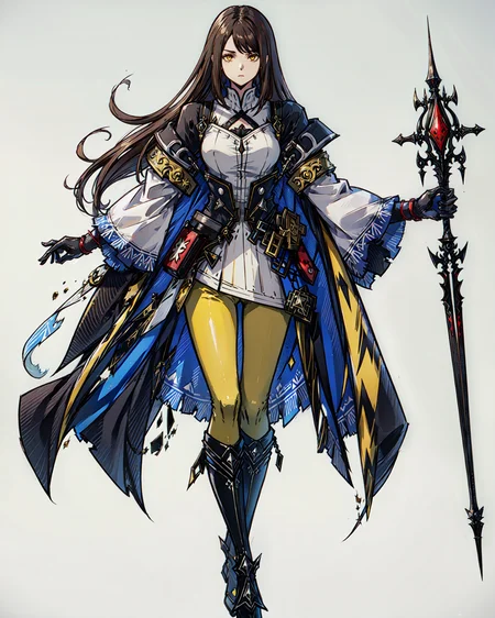 (earth mage), (yellow castlevania_clothes), (knee_boots), yellow_pants,
1girl, female, (young adult), femenine,
standing, looking at viewer, expressionless, 
holding magic staff,
brown hair,
(yellow eyes), (detailed eyes), 
[(white background:1.5)], (solo), ((full body shot)), game pose, 
<lora:epeulu-res:0.6>,
 <lora:ff16style:0.5>,  
<lora:gmstyle:0.4>,
<lora:nomura_tetsuya_offset:0.3>, 
<lora:GGST_Artwork:0.3>,