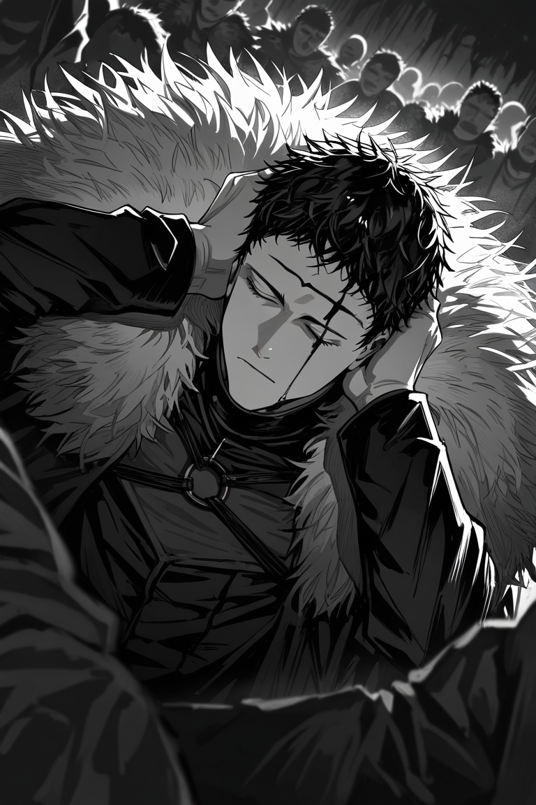 greyscale, realistic shading, dimlighting, facial marked-male focus, expressive expressionless face, zenonbc, black_zenonbc_facial mark, black_zenonbc_short hair, closed eyes, 1boy, looking away, shiny skin, covering own ears, fur-trimmed coat, dark outdoors war, multiple boys, 6+ boys, blurry crowd, fighting, blood splash, bleak environment, dark environment, shadow, foreshortening, dynamic angle, dynamic action, intricately detailed illustration, cinematic, depth of field, atmospheric perspective, masterpiece, best quality, amazing quality, very aesthetic, absurdres, newest, selective coloring