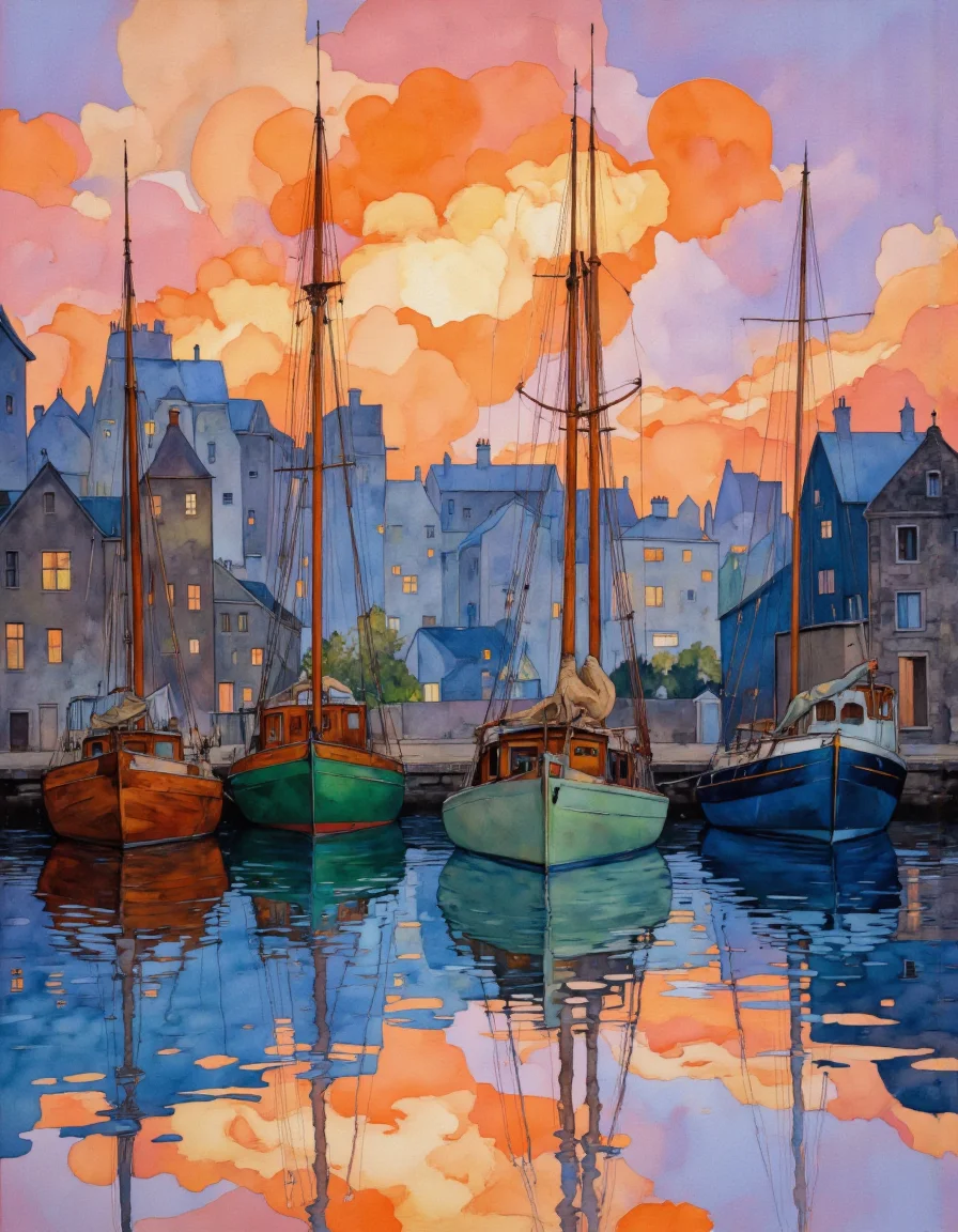 This is a vibrant, impressionistic digital painting depicting a serene harbor scene at dusk. The canvas is dominated by a rich, gradient sky transitioning from warm oranges and pinks near the horizon to soft blues and purples higher up, reflecting the setting sun. The water in the foreground mirrors this colorful sky, creating a symmetrical and peaceful reflection. In the center of the image, there are four wooden sailing boats moored to the dock. The boats vary in color, with one on the left side being a deep brown, another in the middle being a vibrant green, and the remaining two on the right side being a muted blue and a darker blue. The boats' masts and rigging are rendered in fine, detailed strokes, giving a sense of movement and life. The dockside buildings are silhouetted against the sky, their outlines slightly blurred to emphasize the fading light. These buildings are in various shades of gray and blue, adding depth and texture to the composition. The overall mood is calm and tranquil, with the gentle ripples on the water enhancing the serene atmosphere. The style of the painting is reminiscent of the Impressionist movement, characterized by its loose brushwork and emphasis on light and color.