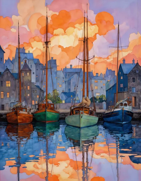 This is a vibrant, impressionistic digital painting depicting a serene harbor scene at dusk. The canvas is dominated by a rich, gradient sky transitioning from warm oranges and pinks near the horizon to soft blues and purples higher up, reflecting the setting sun. The water in the foreground mirrors this colorful sky, creating a symmetrical and peaceful reflection.  In the center of the image, there are four wooden sailing boats moored to the dock. The boats vary in color, with one on the left side being a deep brown, another in the middle being a vibrant green, and the remaining two on the right side being a muted blue and a darker blue. The boats' masts and rigging are rendered in fine, detailed strokes, giving a sense of movement and life. The dockside buildings are silhouetted against the sky, their outlines slightly blurred to emphasize the fading light. These buildings are in various shades of gray and blue, adding depth and texture to the composition. The overall mood is calm and tranquil, with the gentle ripples on the water enhancing the serene atmosphere. The style of the painting is reminiscent of the Impressionist movement, characterized by its loose brushwork and emphasis on light and color.