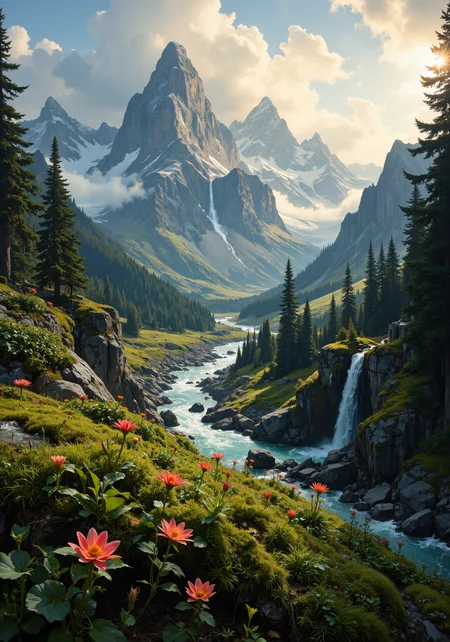 A sweeping aerial view, radiant dawn light on majestic, rugged mountain ranges. Intricate rocky spires, dense evergreen valleys, glacial rivers, crystalline waterfalls, shimmering atop textured alpine flora. Captured in dramatic low-angle tracking shot, vivid gradients of sky melding with crisp, natural ambient lighting. Exquisite detail of dewdrops and delicate petals on emerald moss. Expansive spatial composition, refined with exceptional clarity, 8k resolution, masterpiece quality, photorealistic, hyper-detailed rendering. Atmospheric serenity, subtle mist accents, dynamic shadows accentuating the sculpted peaks, harmonious interplay of natural elements. <lora:artisketchyfs-v02:0.3> <lora:MoriiMee_Gothic_Niji_Style_FLUX:0.8> <lora:Memadukan_Brush_Strokes_of_Fineart:0.4> <lora:Sinfully_Stylish_1.0_Flux:0.4> <lora:flux_dev:1>