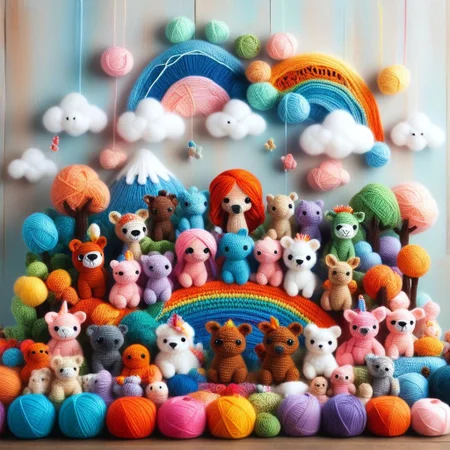score_9, score_8_up, score_7_up, Yarnworld, rainbow colors, chibi animals, made of yarn, cute design,
colorful detailed background,