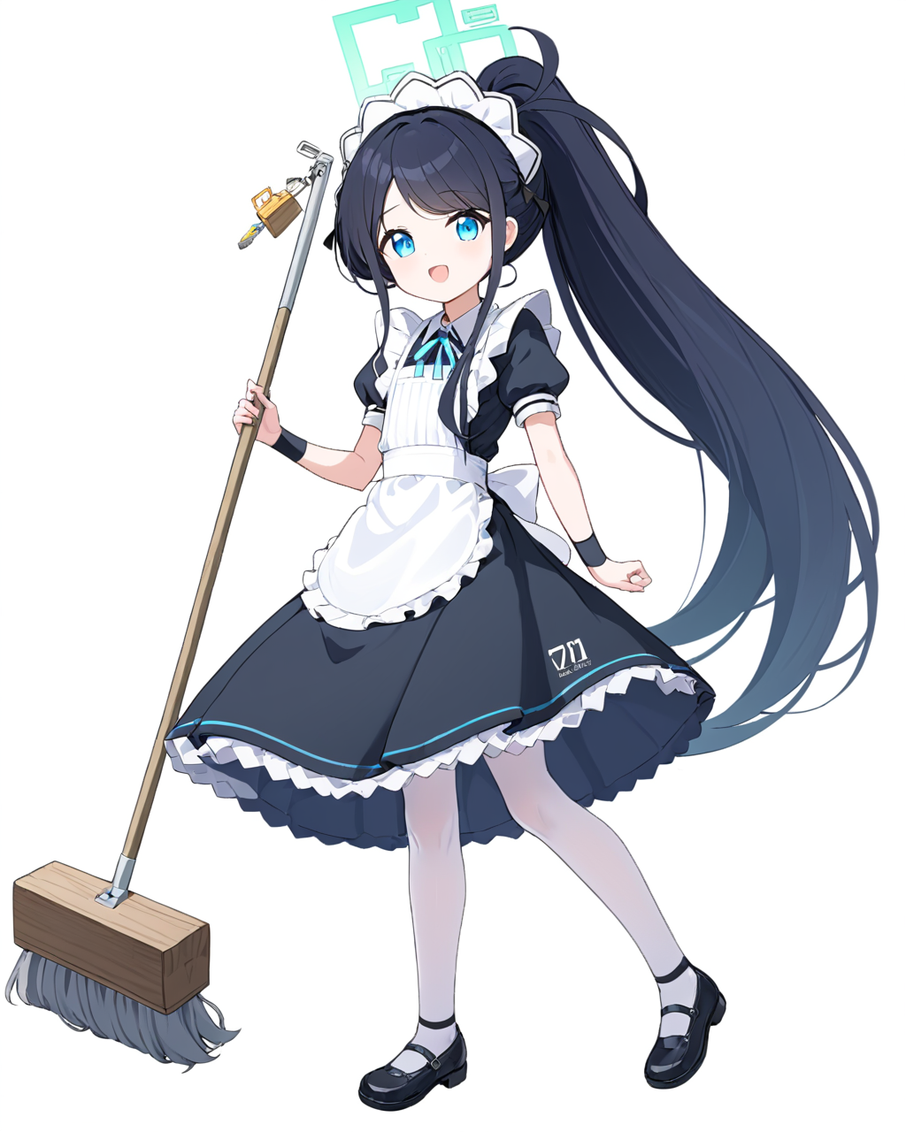 arisu \(blue archive\),1girl, solo, halo, maid_headdress, white_background, maid_apron, open_mouth, looking_at_viewer, broom, simple_background, holding, enmaided, short_sleeves, frills, black_dress, shoes, full_body, black_footwear, puffy_sleeves, pantyhose, ponytail, :d
<lora:arisu_(blue_archive)_image2965_2023-11-25:1>halo. gorgeous,key visual, vibrant, studio anime,award-winning, professional, highly detailed,high budget, cinemascope