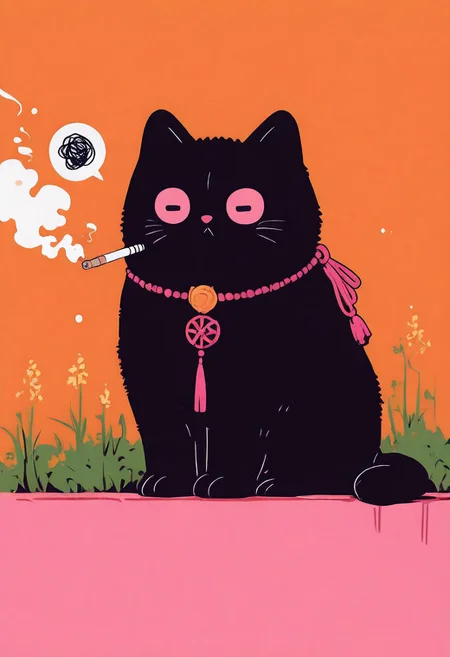 masterpiece, best quality, amazing quality, very aesthetic, absurdres, newest
Flatline, Flat vector illustration
a cat, no humans
smoking cigarette, holding cigarette, arm rest, bored, grumpy, spoken squiggle
blurry foreground
glitch effects
wtfisthis, vdsur, surreal <lora:spo_sdxl_10ep_4k-data_lora_webui:0.8> <lora:reij-detaILer_v2:0.4> <lora:Wtf-is-this-LoRA:0.8> <lora:Flatline_vector_illustration_v1.0:1> <lora:Vonderful_Psychasurreal:0.8>