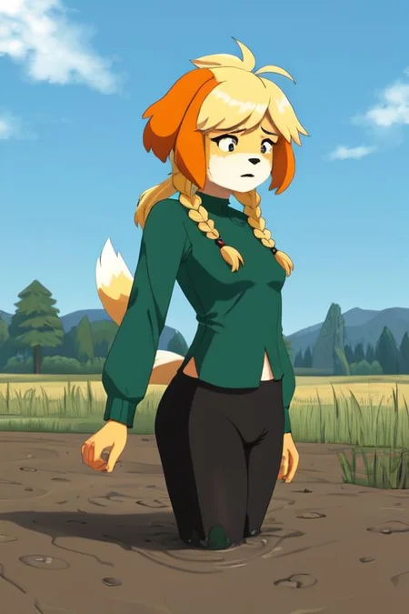 isabelle \(animal crossing\), (masterpiece, best quality:1.15), 1girl, solo, large breasts, high cheekbones, thick eyebrows, small mouth, looking to the side, leaning forward, adjusting clothes, tight leggings, crop top shirt, starry nights, long hair, twin short braids, scared, partially submerged, struggling, farmland bog
