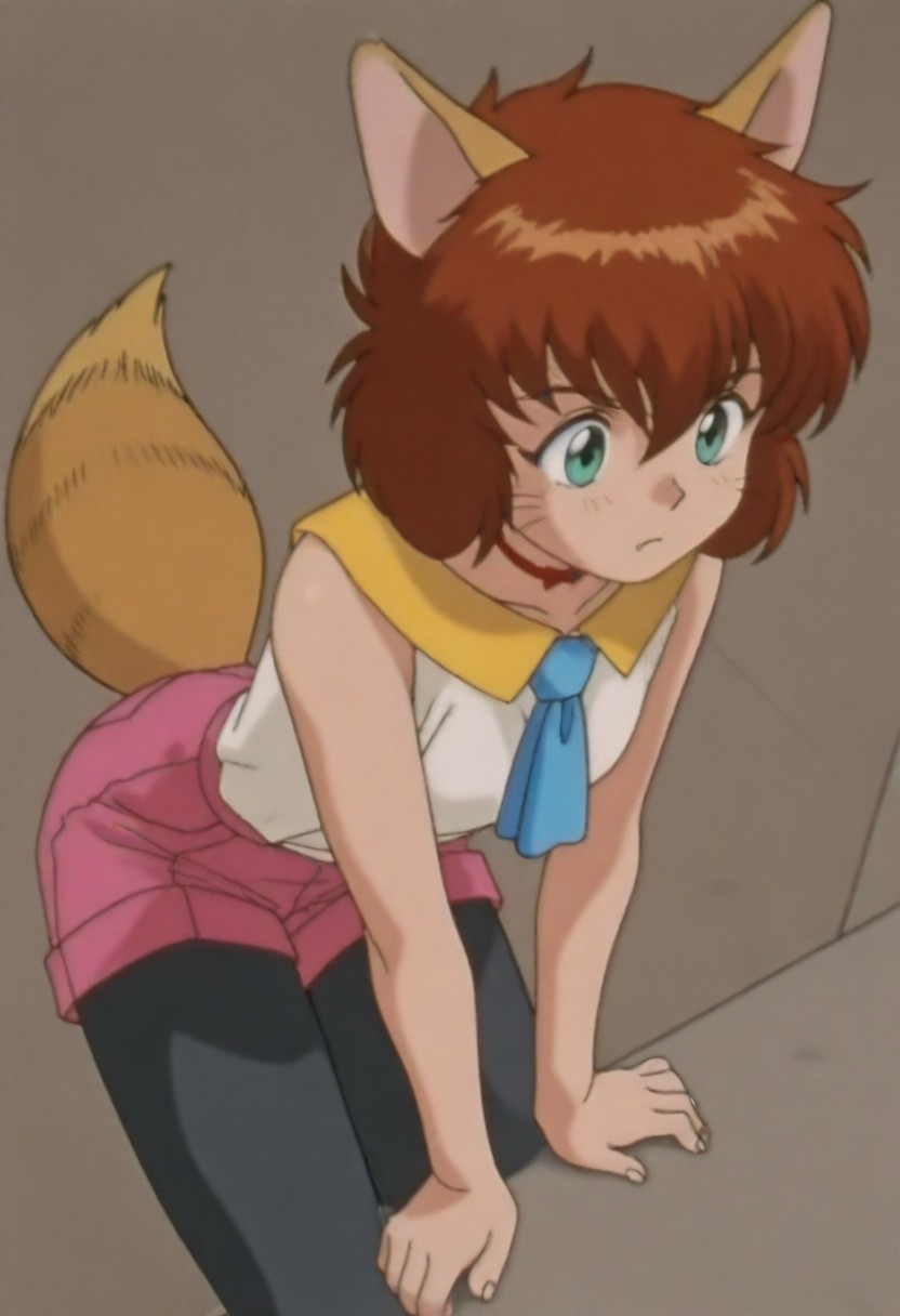masterpiece, best quality, amazing quality,,, shiny skin,,,,,,,,<lora:koto_ilxl_v1.0:1>,koto,brown hair,green eyes,whiskers,fang out, k_clothes,yellow collar,red ribbon choker,white sleeveless shirt,blue necktie,pink shorts,fox tail,black_pantyhose,k_m,