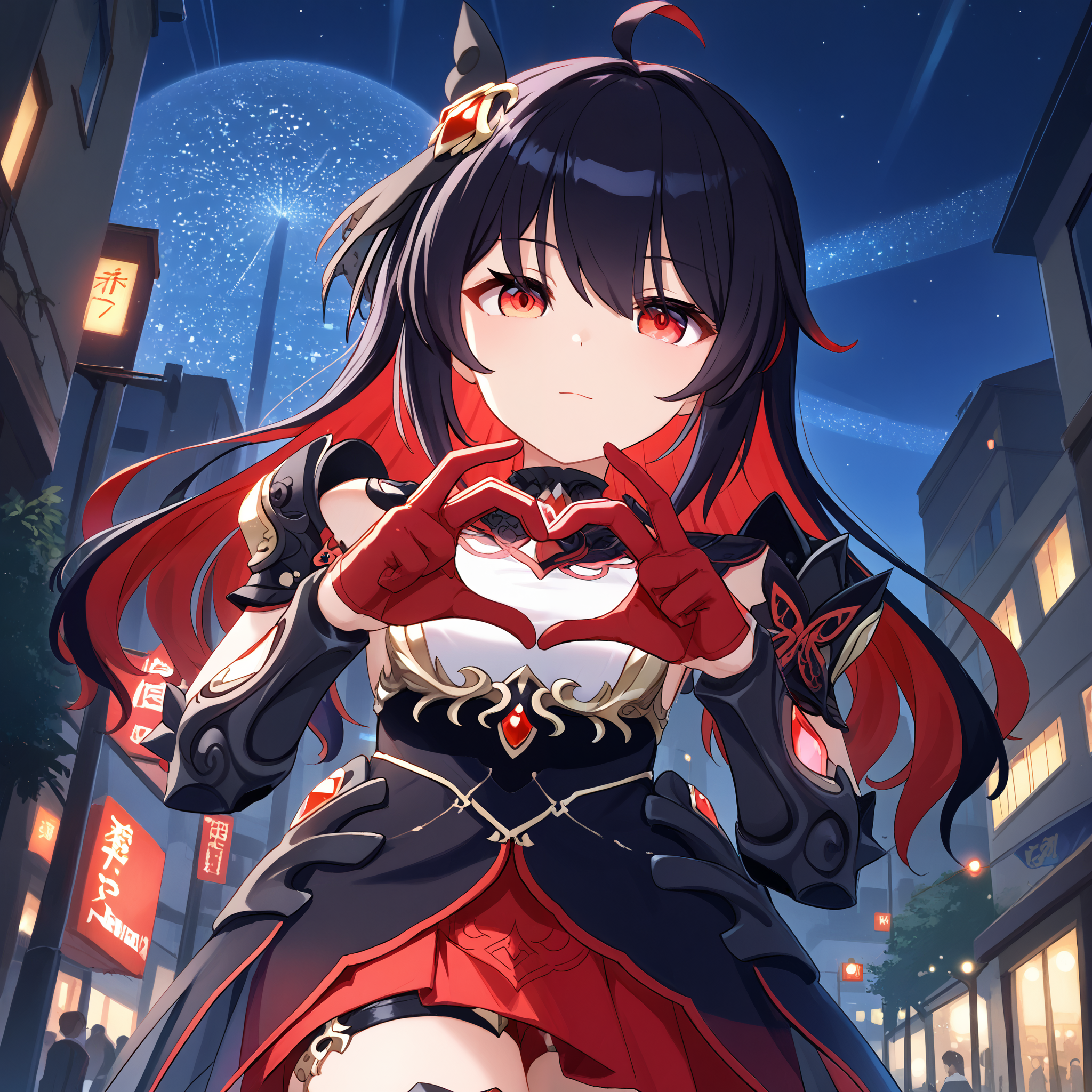 score_9, score_8_up, score_7_up, score_6_up, score_5_up, score_4_up, BREAK source_anime, look at viewer, rating_safe, 1girl, solo, outdoors, night, city, close up, heart hands, from below, masterpiece, best quality, high detailed skin,  seele vollerei \(starchasm nyx\), long hair, multicolored hair, black hair, red hair, hair ornament, ahoge, red eyes, armor, black dress, red gloves, red skirt, thigh strap, thighhighs,