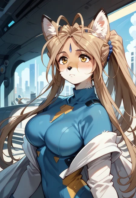 Expressiveh, negative_hand, score_9, score_8_up, score_7_up, belldandy as an (anthro fox),long oval face, short snout, two toned fur, large fox ears, fox tail, animal nose, yellow fur, white facial fur, tan hair, long hair, parted bangs, gold eyes, white triangle forehead gem, large breasts, skintight bodysuit, futuristic bodysuit, standing at attention,