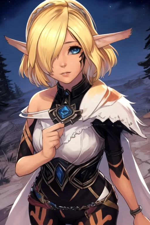 , (best quality) , (highly detailed) ,((masterpiece)), ((best quality)), (ultra-detailed), ((extremely detailed)), (high resolution), 4K, (8K), best quality, (beautiful), (dynamic lighting), (super detailed skin), sharp focus, (1_girl, solo focus),masterpiece, (best quality, 8K, ultra detailed)1.2, cinematic angle, amazing_character design, beautiful detailed eyes, symmetrical, centered, shiny_skin, shiny_hair, celicaxcx,blond_hair, hair over one eye, short hair, forest, animal ears, fluffy ears, long ears, furry ears, night, nebula, cowboy_shot, epic, legendary