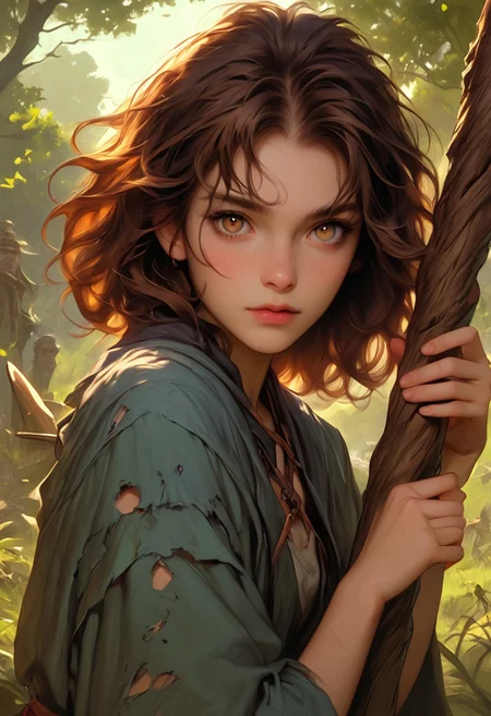 masterpiece, best quality, highly detailed, ultra-realistic, score_9, score_8_up, score_7_up, score_6_up, source_cartoon,
BREAK
1girl, solo, girl 27yo, wavy brown hair, hazel eyes, wearing a mage's robe that's been torn in battle, leaning against a tree with her staff in hand, (focus on her expression: weary, yet powerful), (background: a battlefield with smoke and fire, distant cries of battle), (atmosphere: chaotic, with a raw, unfiltered energy)