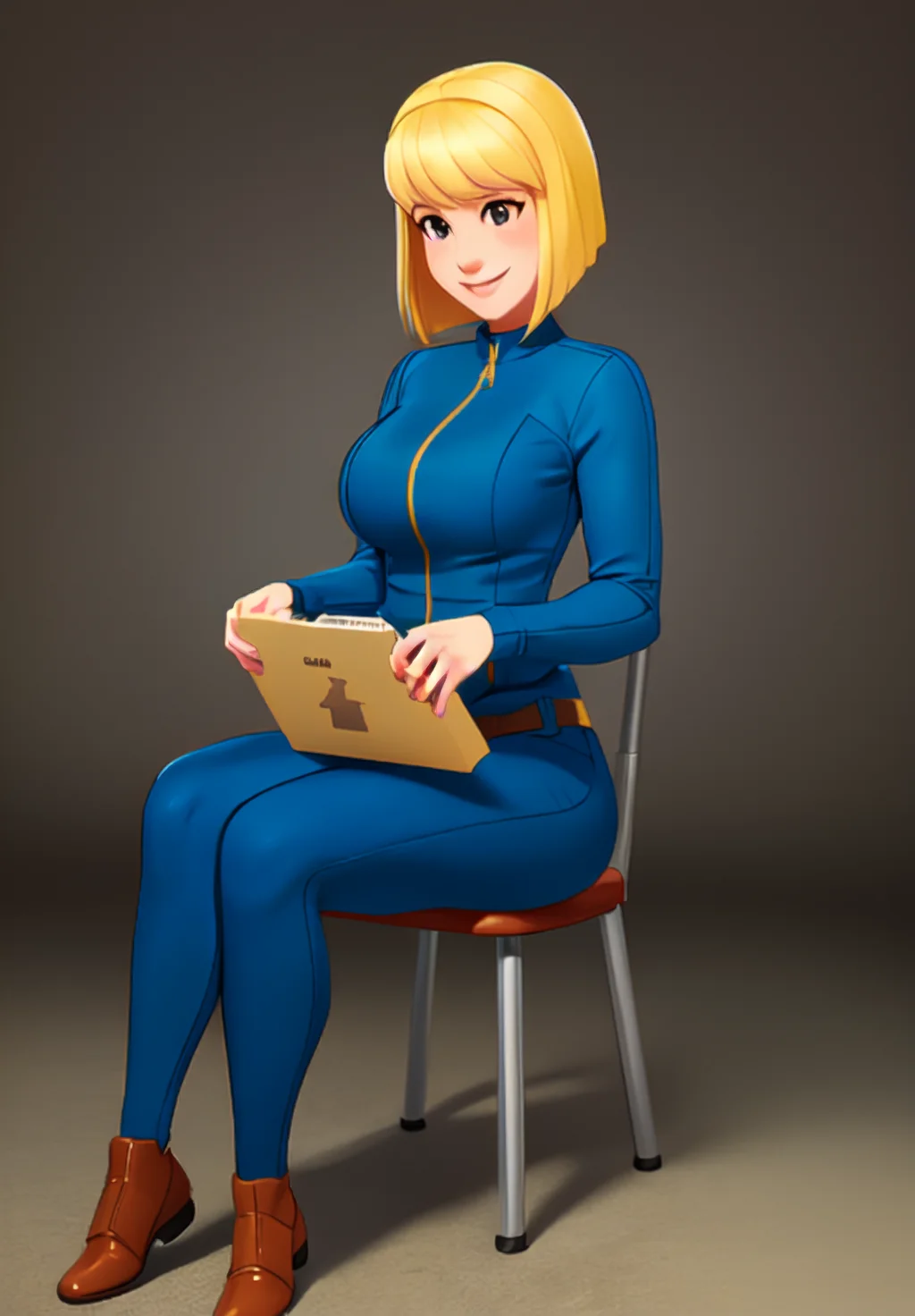 sfw, <lora:vault-girl:0.8>, vault-girl, 1girl, solo, smile, sitting, (masterpiece, best quality, absurdres, detailed, ultra-detailed:1.3), gorgeous, (trending on CGSociety, trending on pixiv, contest winner:1.3)