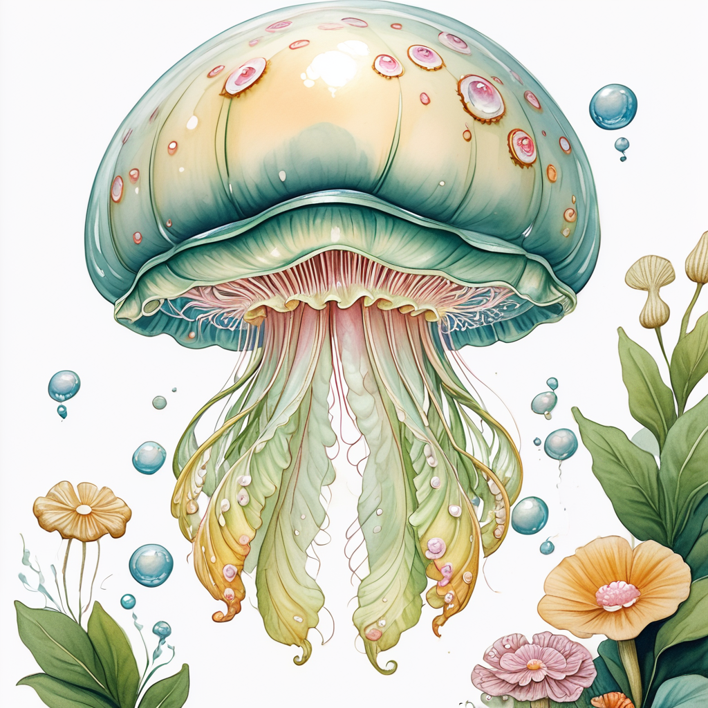 Score_9, score_8_up, score_7_up, score_6_up, BREAK <lora:Soft_Verdant_WatercolorPony:1> ArsMJStyle, Soft Verdant Watercolor, The image shows a watercolor painting of a jellyfish with its tentacles and flowers surrounded by leaves and bubbles on a white background., jellyfish, white background, no humans, simple background, mushroom, plant, solo, traditional media, flower, bubble